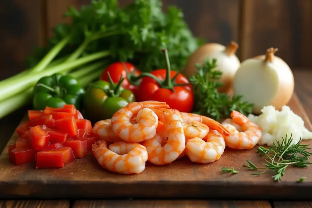 Preparation for Shrimp Creole recipe, showing shrimp and chopped vegetables