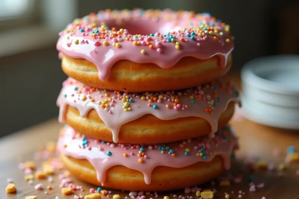 Photorealistic donut cake with pink frosting and colorful sprinkles, stacked close-up.