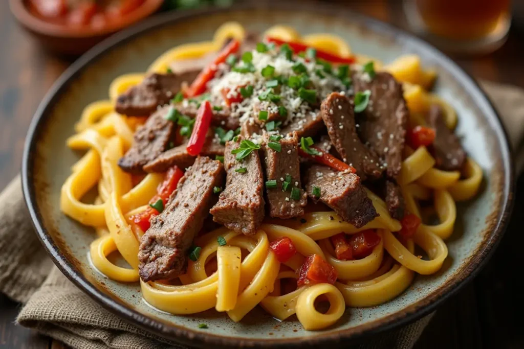 Rustic plate of Philly cheesesteak pasta, garnished with fresh herbs and cheese, food photography style.