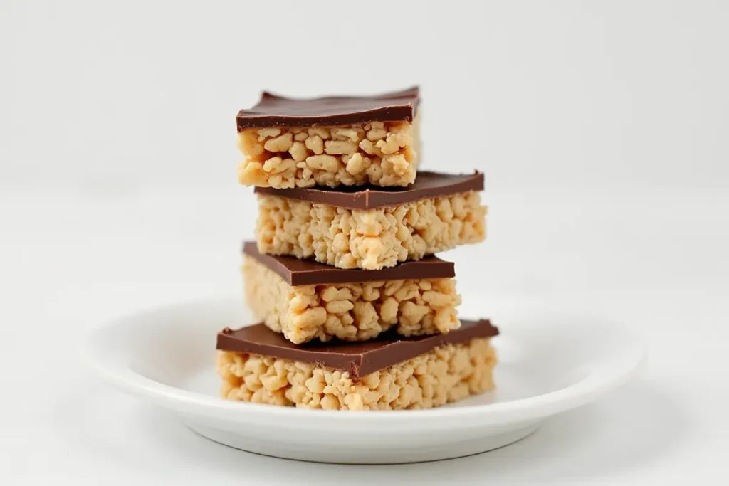 Stack of Peanut Butter Rice Krispies with Chocolate squares on a white plate