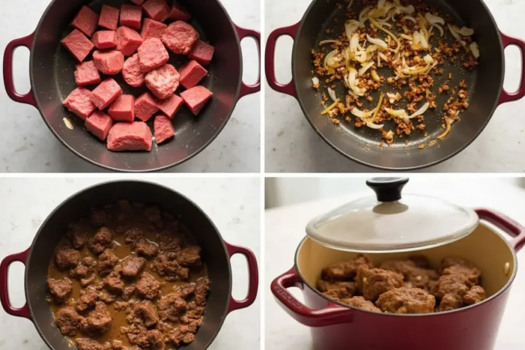 Step-by-step preparation of beef tips recipe in a Dutch oven.