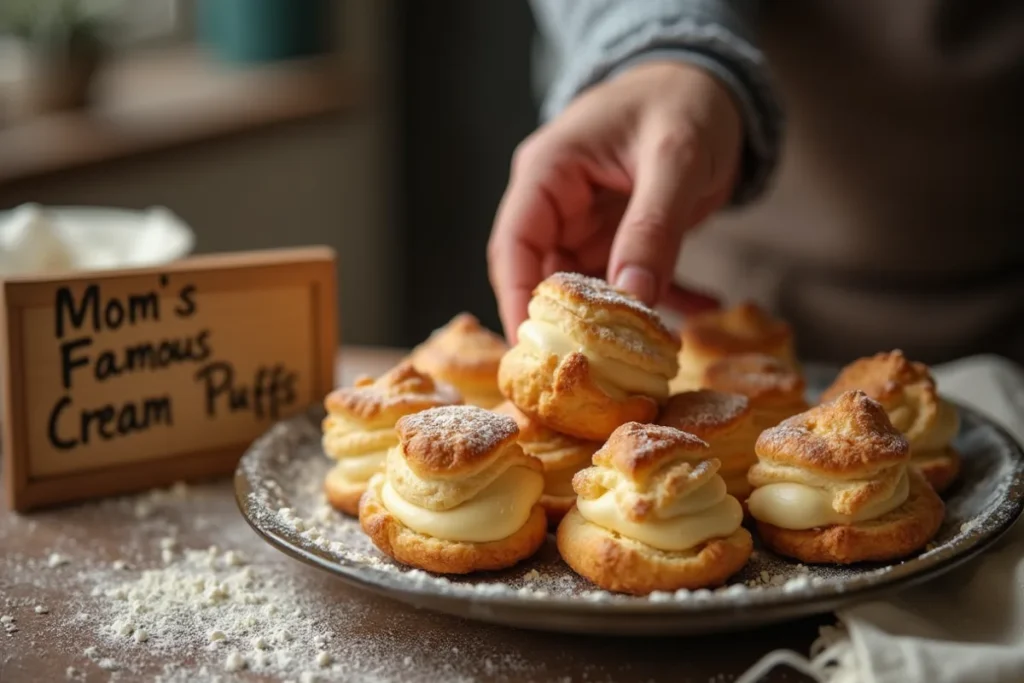 Close-up of golden-brown cream puffs with creamy filling, sprinkled with powdered sugar, on a rustic kitchen countertop.