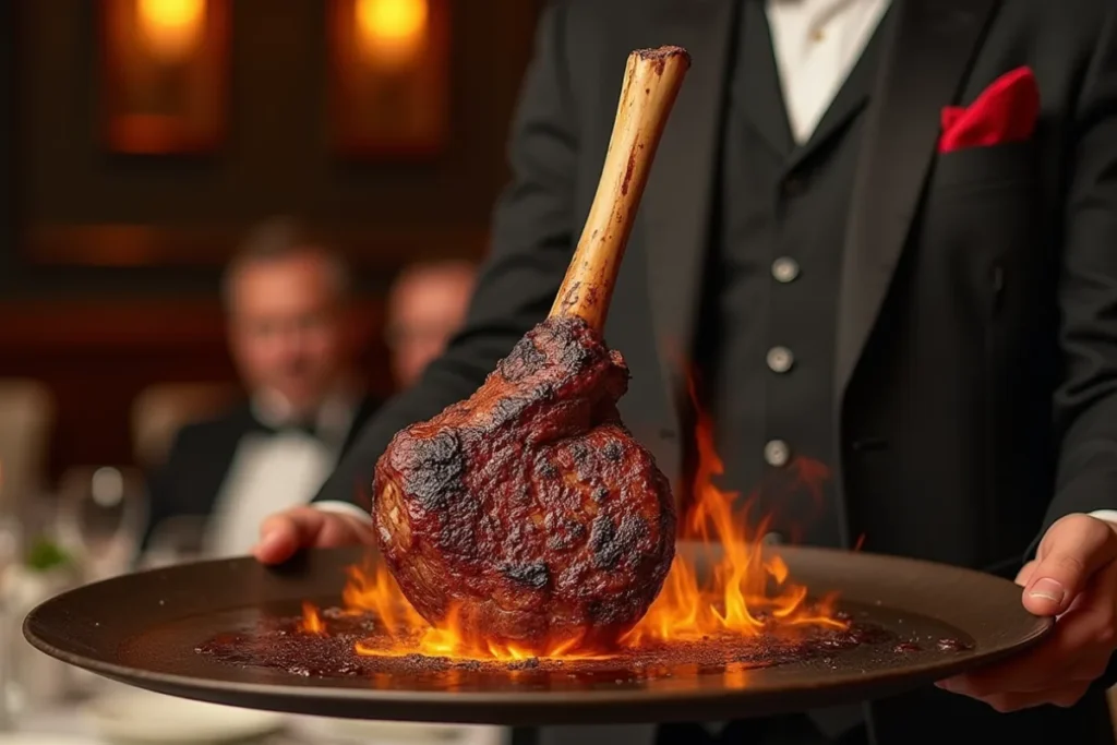 Tomahawk steak served sizzling in a high-end restaurant, creating a dramatic and luxurious dining experience.