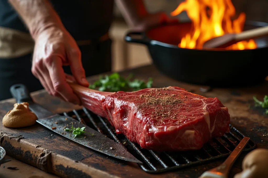 Man’s hand seasoning and flipping a tomahawk steak on the grill with grill marks visible, showcasing the ribeye cut and long bone.