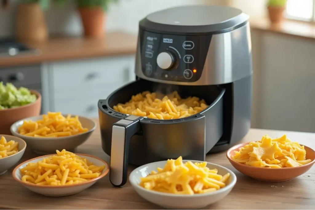 Various types of uncooked pasta (penne, fusilli, farfalle) next to an air fryer with cooked pasta inside, showing how to cook pasta in an air fryer.