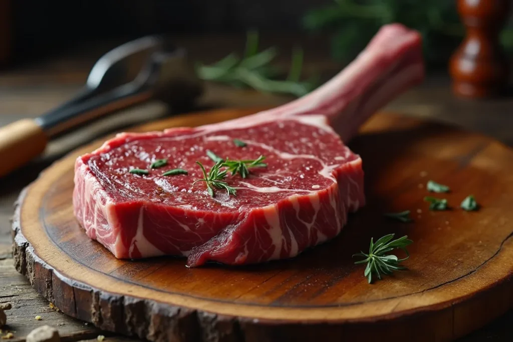 Tomahawk steak with long bone, showcasing marbling and tender beef, served on a wooden board.