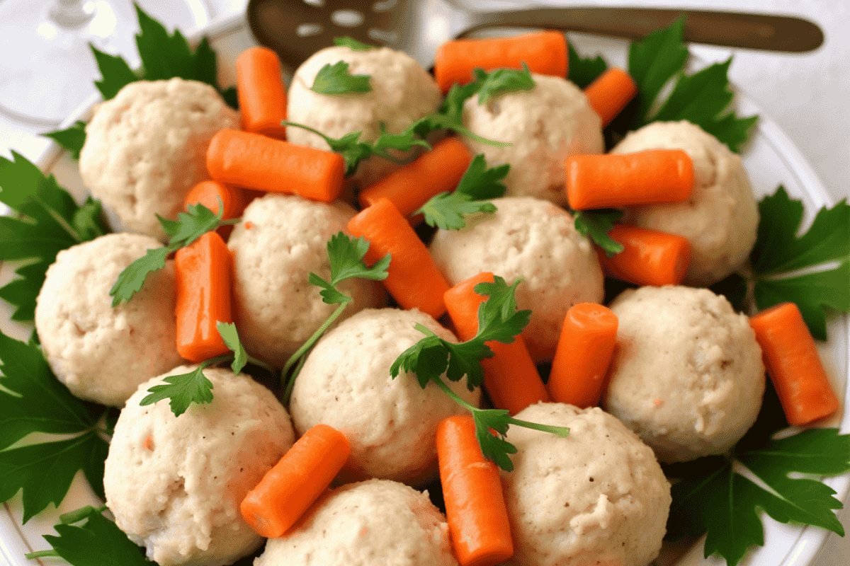 Close-up of gefilte fish served with broth and vegetables, showcasing its texture and appearance.