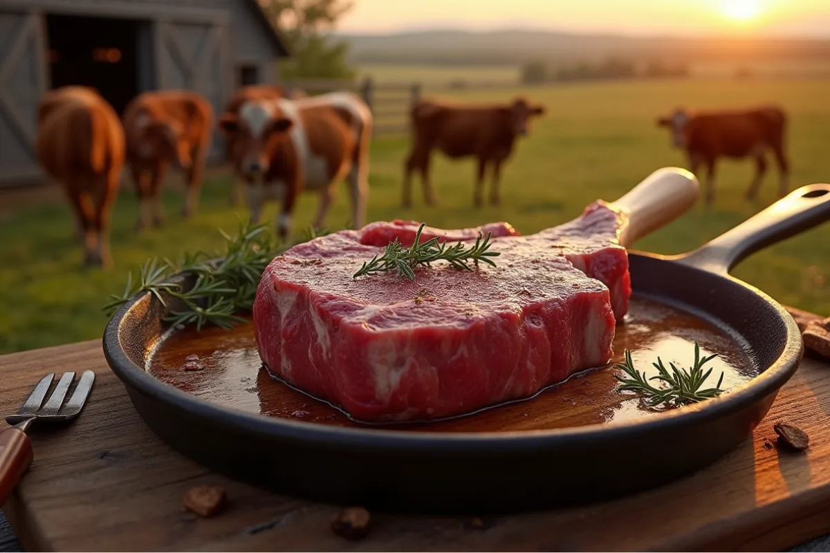 Grilled cowboy steak with bone-in rib-eye, served on a plate with rosemary garnish