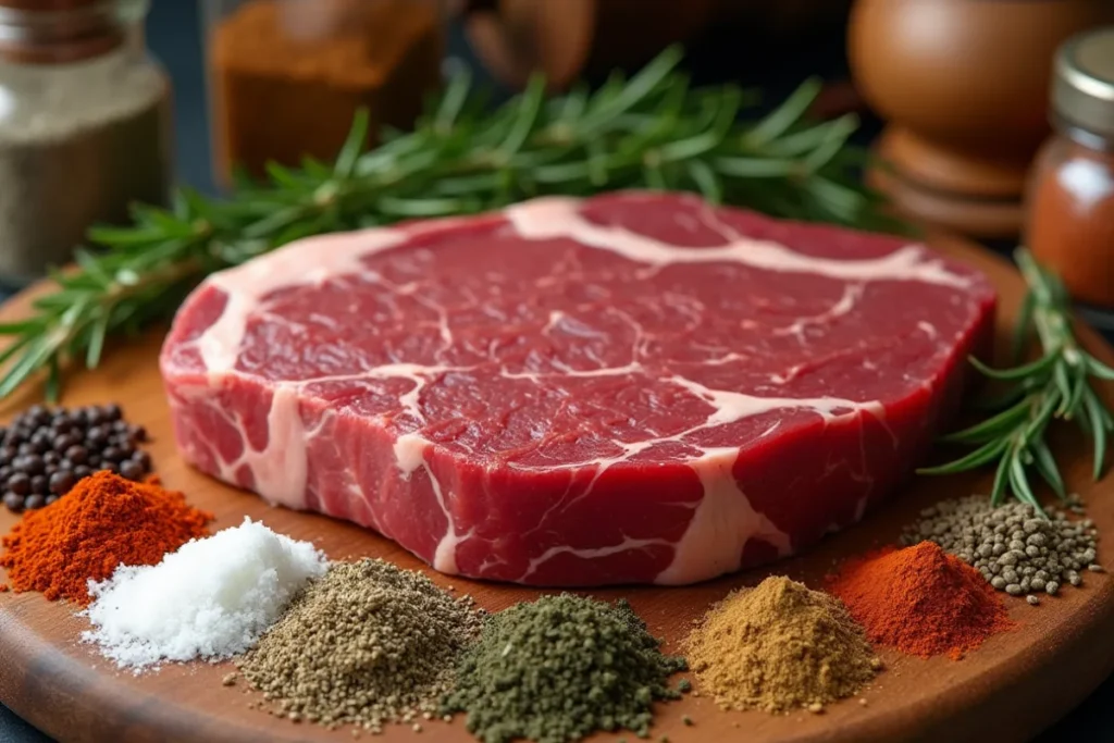 Perfectly seasoned steak with salt, pepper, and fresh herbs, ready to be grilled.