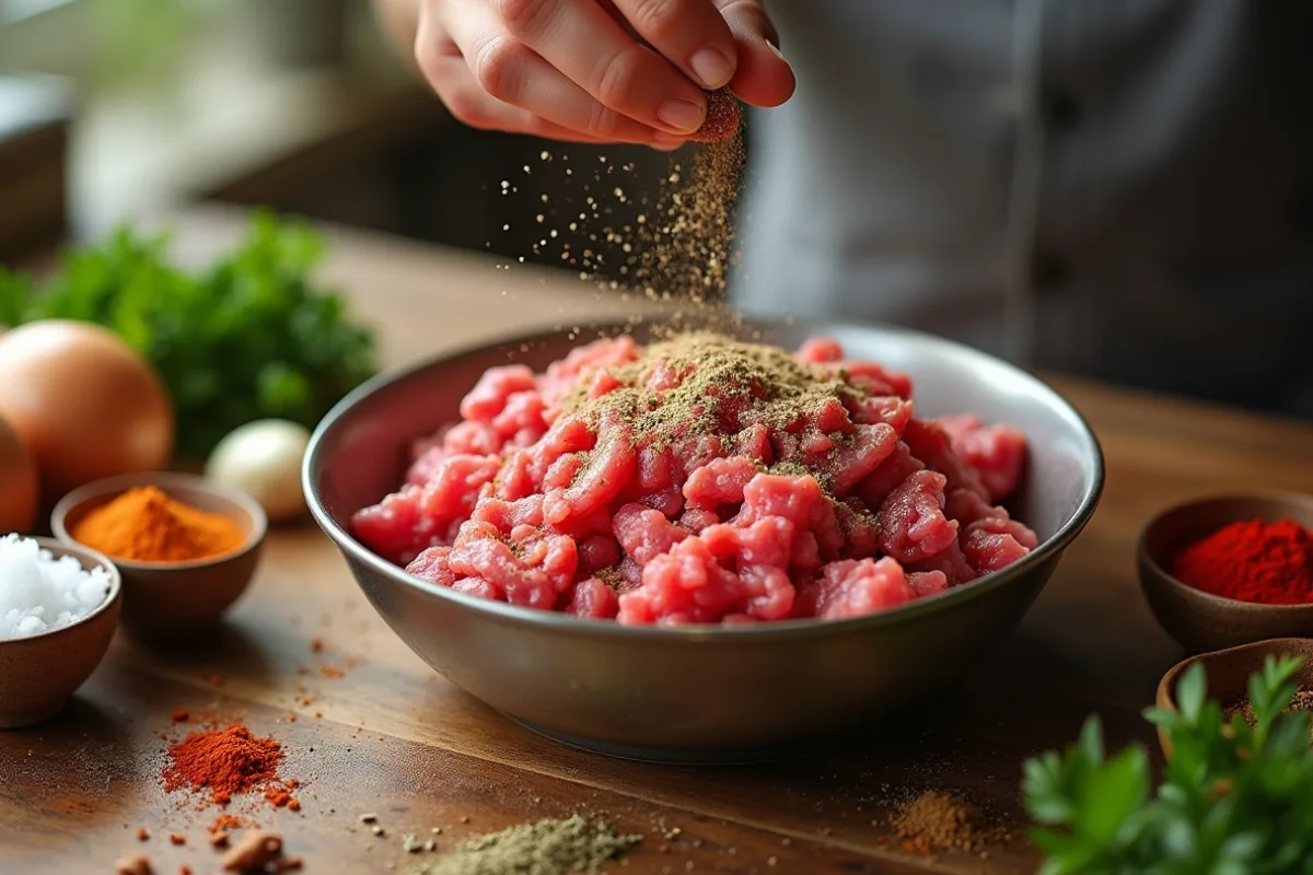 Bowl of raw ground beef on a kitchen countertop with seasonings like salt, pepper, garlic powder, paprika, and fresh herbs, with a man's hand sprinkling spices.