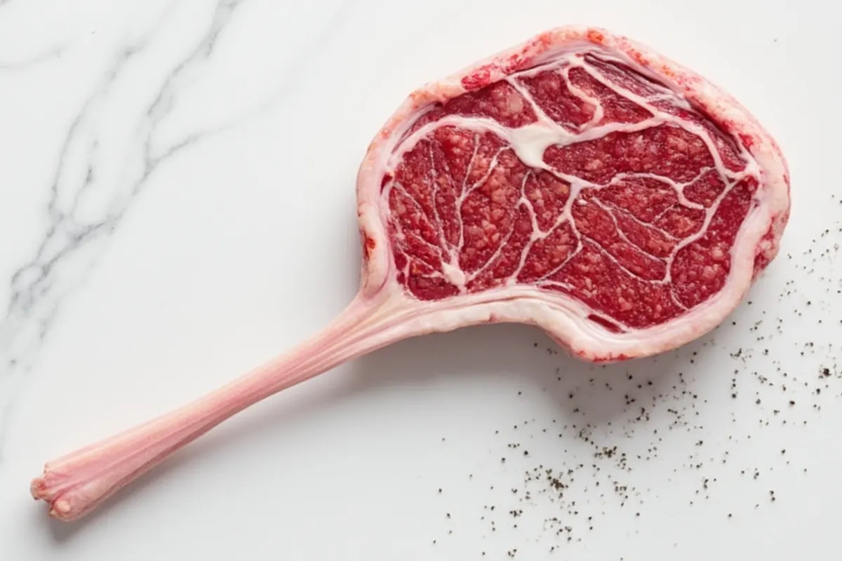 A raw tomahawk steak with a long bone on a marble background, showcasing its marbling and premium cut.