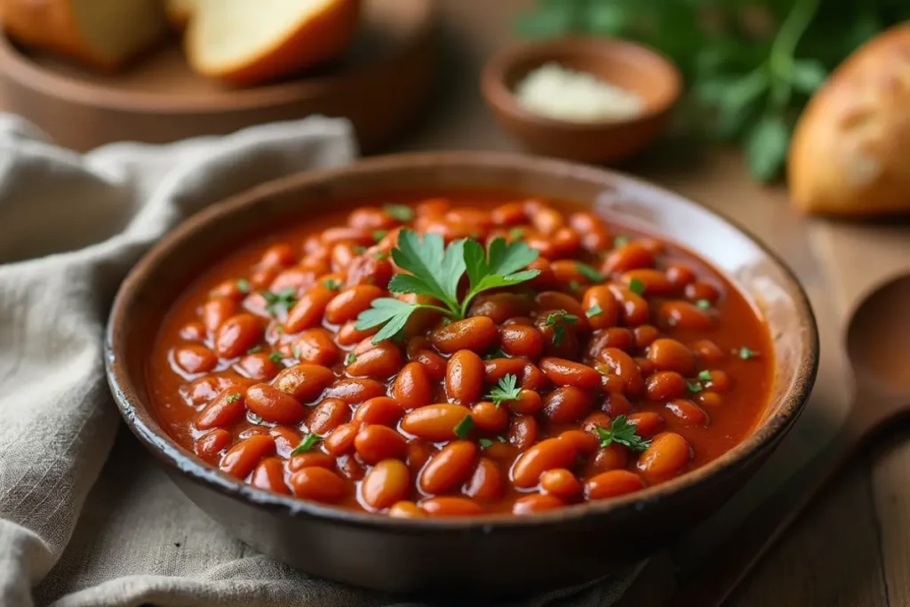 A bowl of rich and saucy baked beans garnished with fresh parsley, served with crusty bread and a wooden spoon in a rustic kitchen setting.