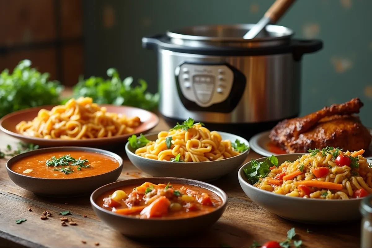 Delicious Instant Pot recipes including soup, pasta, shredded meat, and vegetable stir-fry on a rustic table.