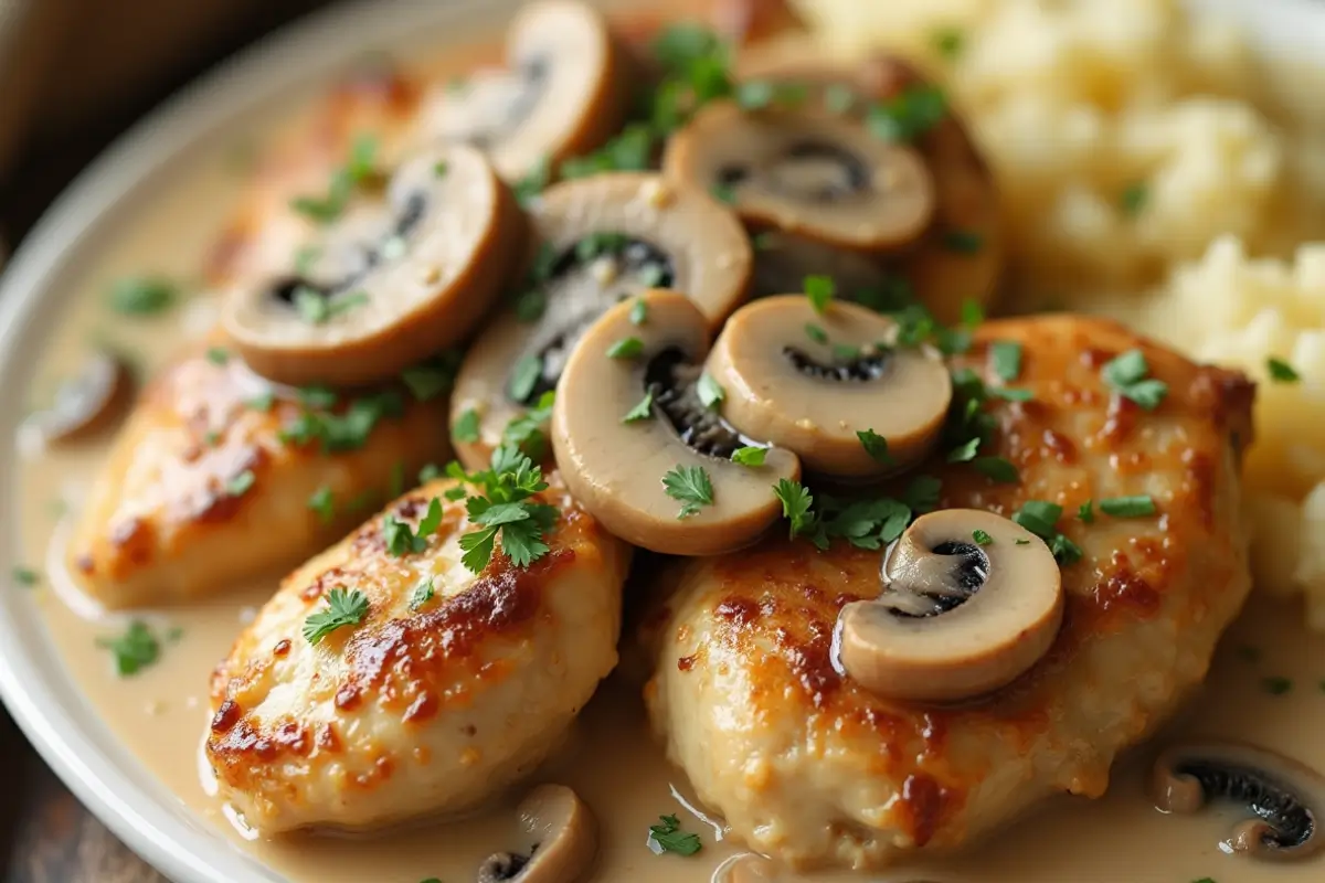 Chicken with cream of mushroom soup and mashed potatoes