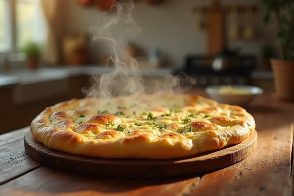 Rustic cottage cheese flatbread steaming on a wooden board with fresh herbs, set on a sunlit wooden table in a cozy kitchen.