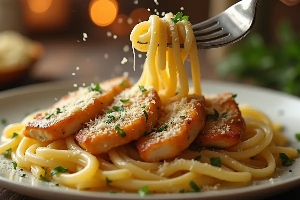 Delicious garlic parmesan chicken pasta with golden-brown chicken slices, creamy sauce, fresh parsley garnish, roasted garlic, and a generous sprinkle of grated parmesan on a rustic wooden table.