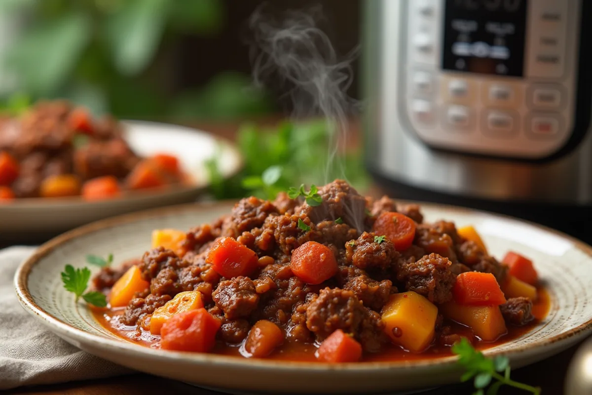 Delicious ground beef recipe made in an Instant Pot, featuring a hearty stew with vegetables and fresh herbs.