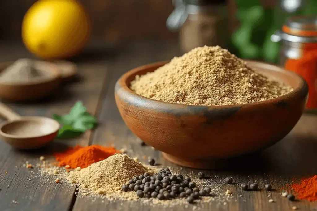 Homemade fish fry seasoning mix ingredients on a rustic kitchen countertop, including paprika, garlic powder, and cayenne pepper.