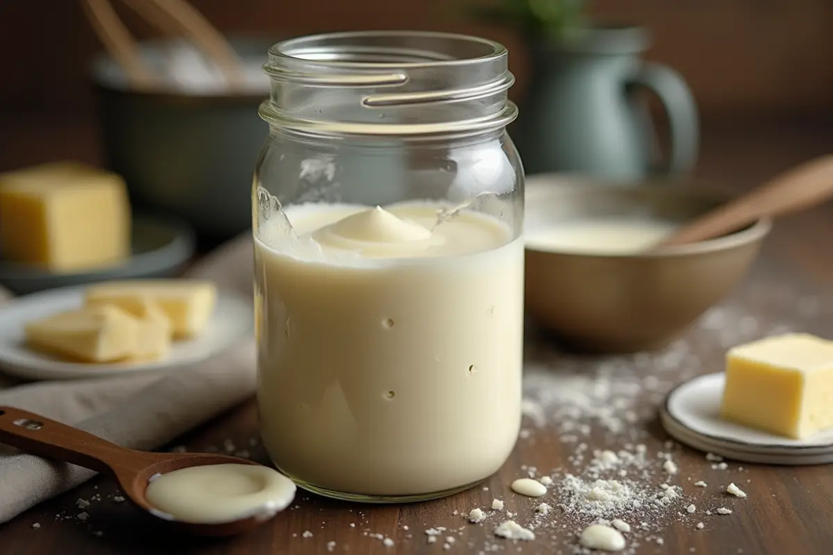 Homemade heavy cream made with milk and butter in a mixing bowl.