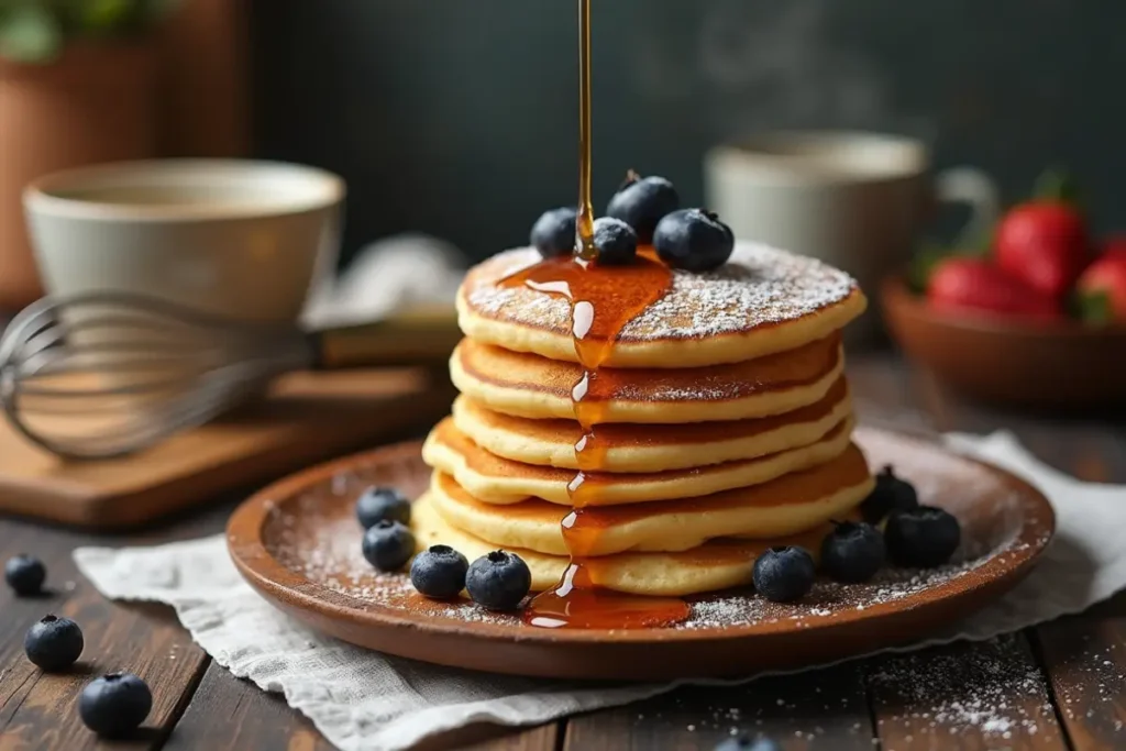 Fluffy homemade pancakes served with syrup and berries (small batch recipe)