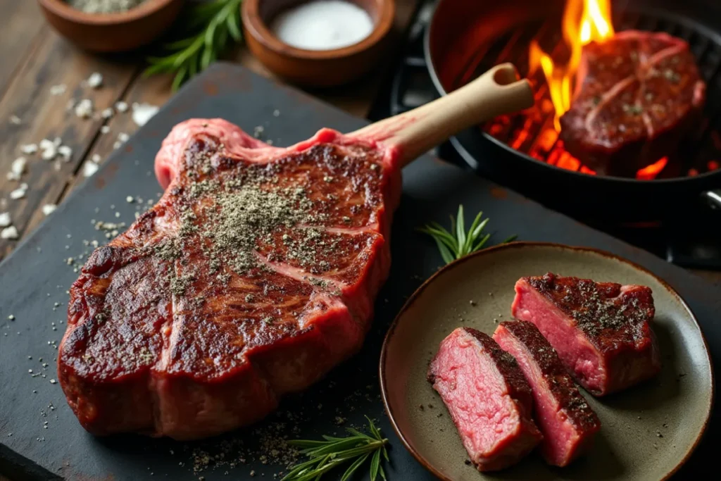 Perfectly cooked tomahawk steak with a golden-brown crust, served with a side of roasted vegetables, showcasing the ideal doneness and presentation.