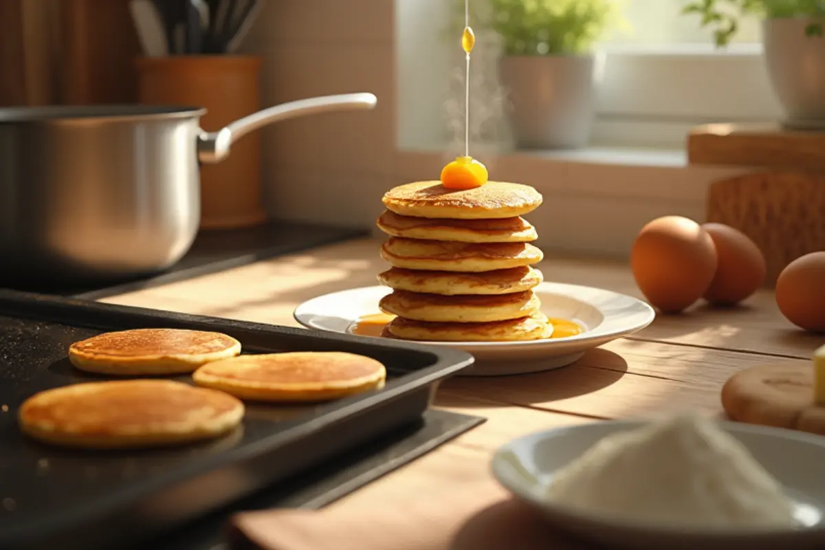 Fluffy mini pancakes with syrup and fresh berries on a plate