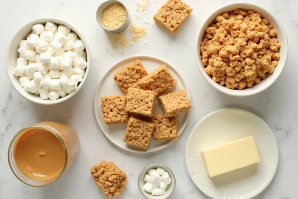 Ingredients for Marshmallow Peanut Butter Rice Crispy Treats arranged on a white surface.