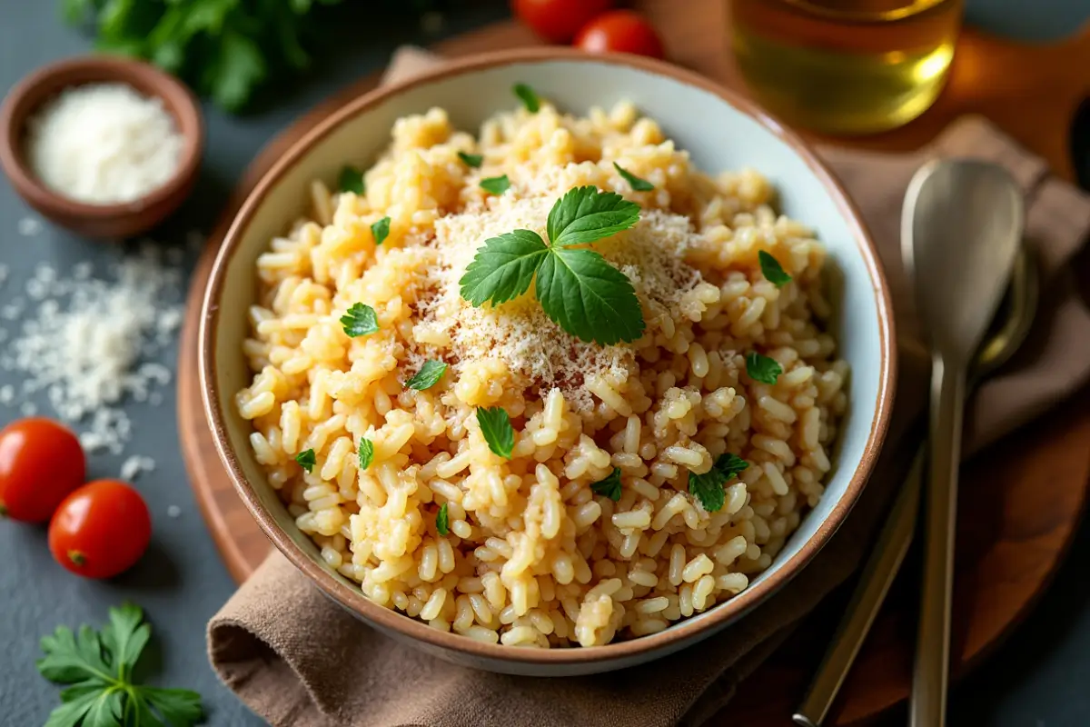 A close-up of a creamy Italian risotto topped with grated Parmesan cheese and fresh parsley, surrounded by cherry tomatoes and a small bowl of grated cheese.