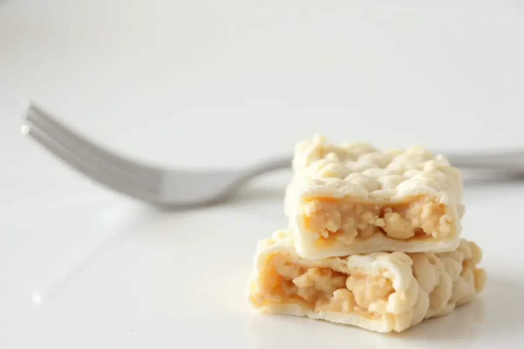 Marshmallow Peanut Butter Rice Crispy Treats stacked on a white plate with a fork in the background.