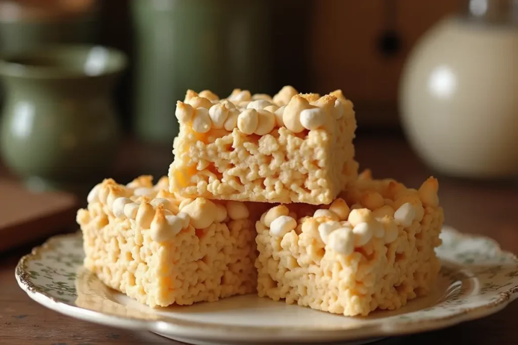 Three stacked, homemade Marshmallow Peanut Butter Rice Crispy Treats with mini marshmallows melted on top, set on a decorative plate.