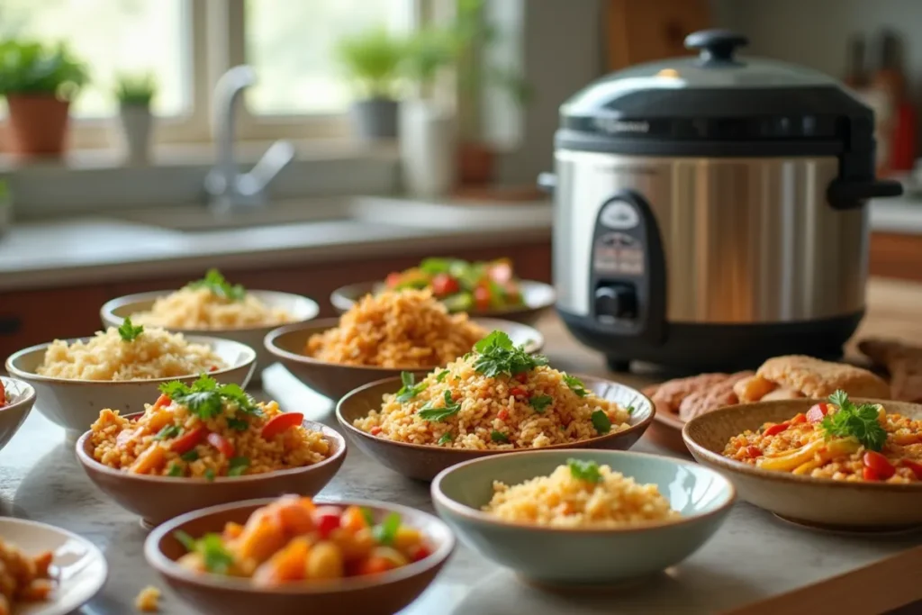 A delicious rice cooker meal with chicken, vegetables, and rice in a cozy kitchen setting.