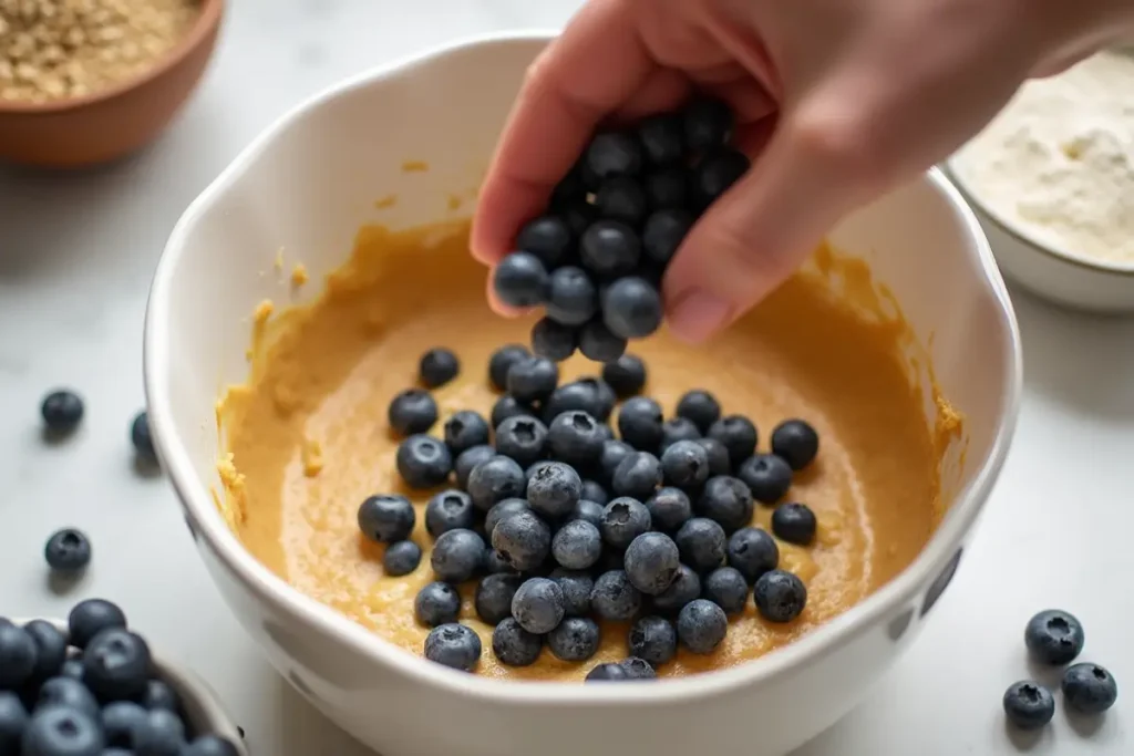 Hand adding fresh blueberries to lentil bread batter in a mixing bowl.