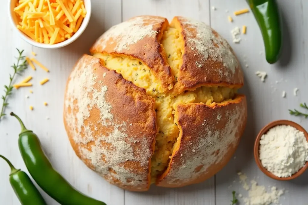 Vegan jalapeño cheddar artisan bread with ingredients like jalapeños and cheddar on the side.