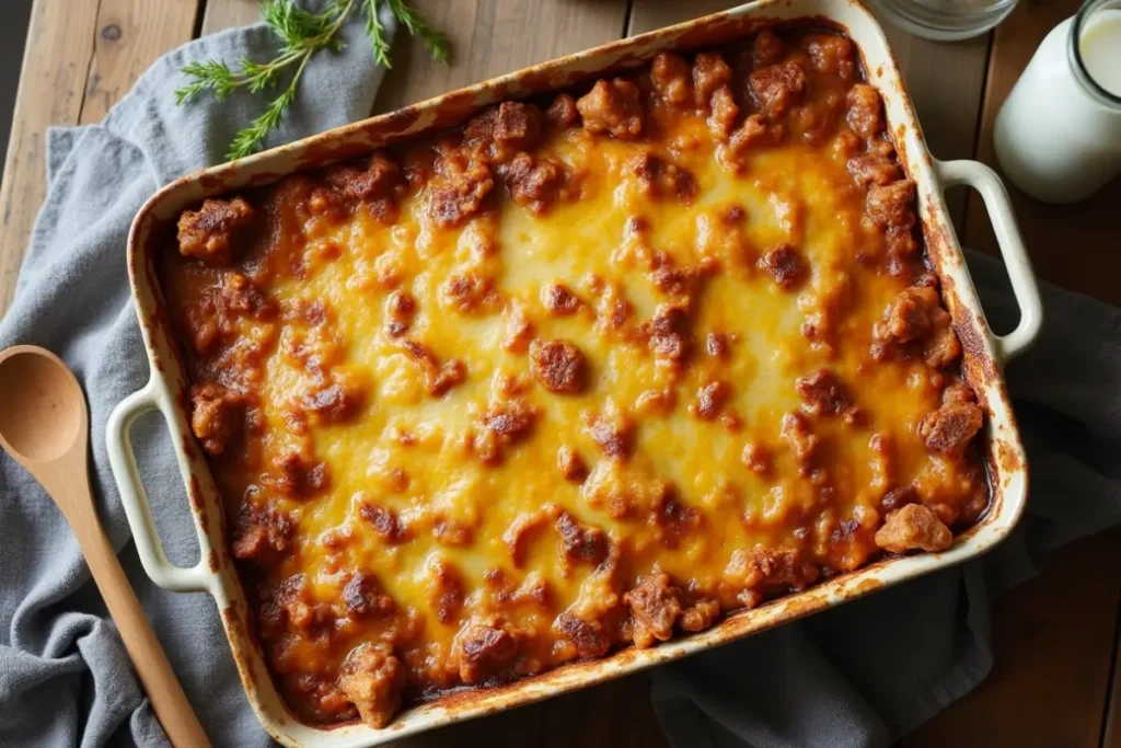 Overhead shot of a freshly baked cowboy casserole with melted cheese in a white baking dish on a wooden table.