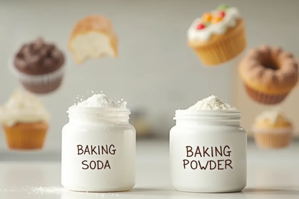 Baking soda and baking powder in jars, with floating cupcakes and muffins around them.