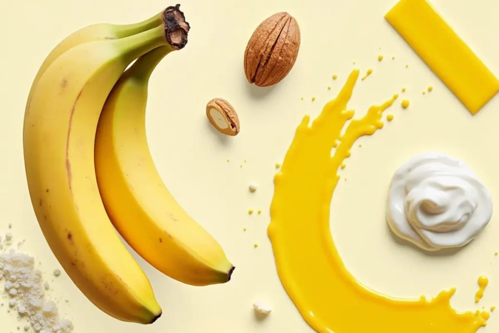 Bananas, walnuts, yogurt, and protein powder on yellow background.