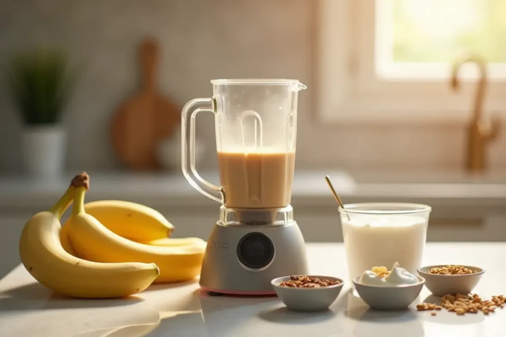 Blender with smoothie, bananas, yogurt, and toppings in kitchen.