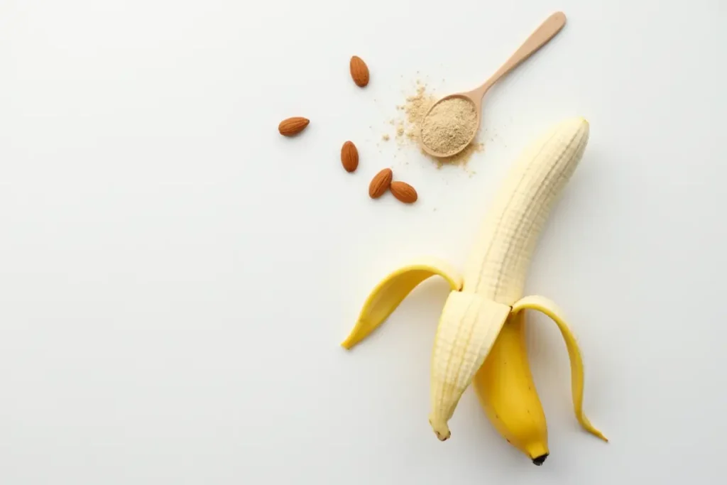 Peeled banana, almonds, and protein powder on white background.