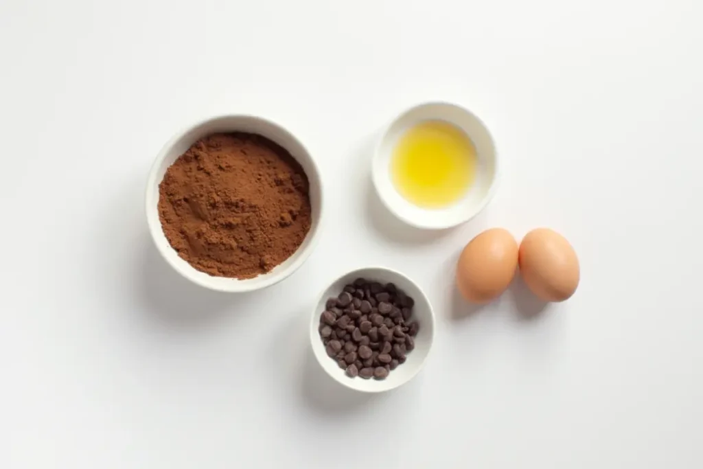 Flat lay of brownie mix cookie ingredients: brownie mix, oil, eggs, and chocolate chips.