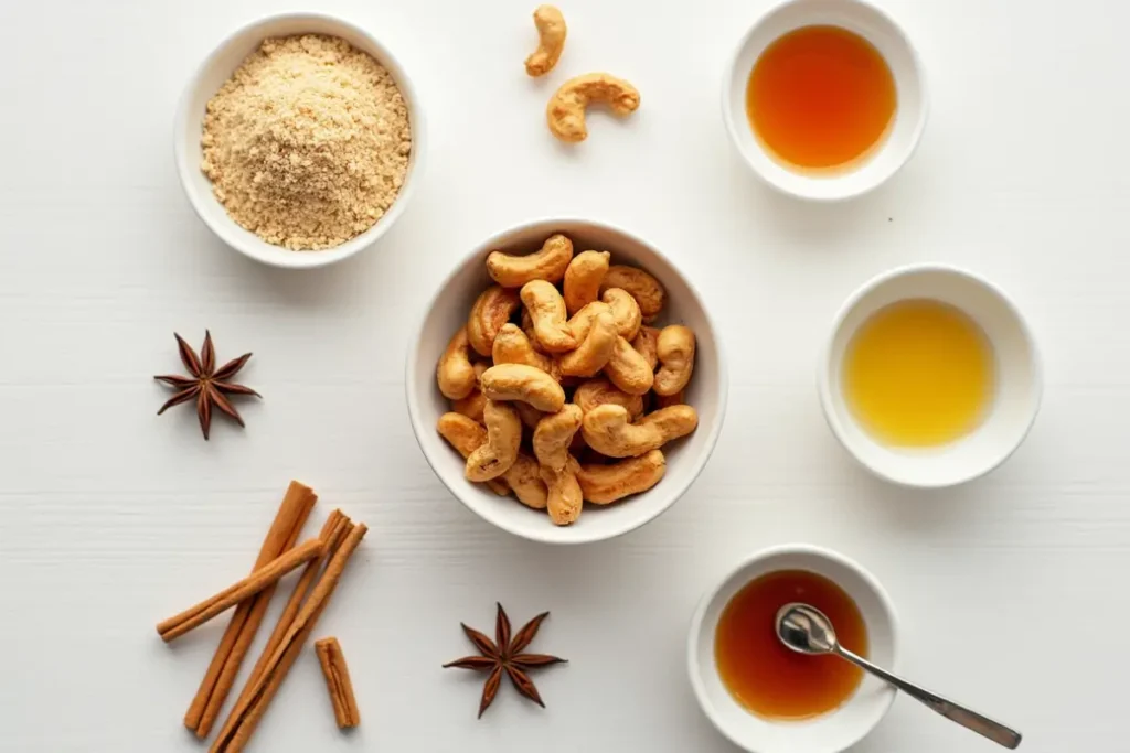 Ingredients for candied cashews, including cashews, sugar, honey, and spices arranged on a white surface.