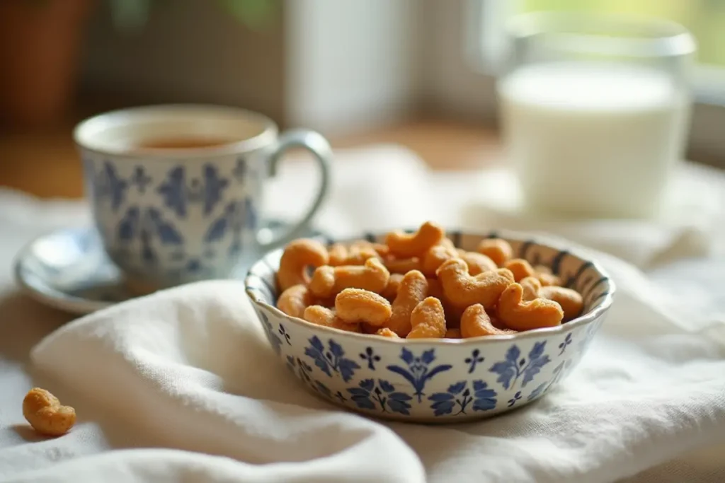 A bowl of candied cashews with a teacup and glass of milk on a white cloth