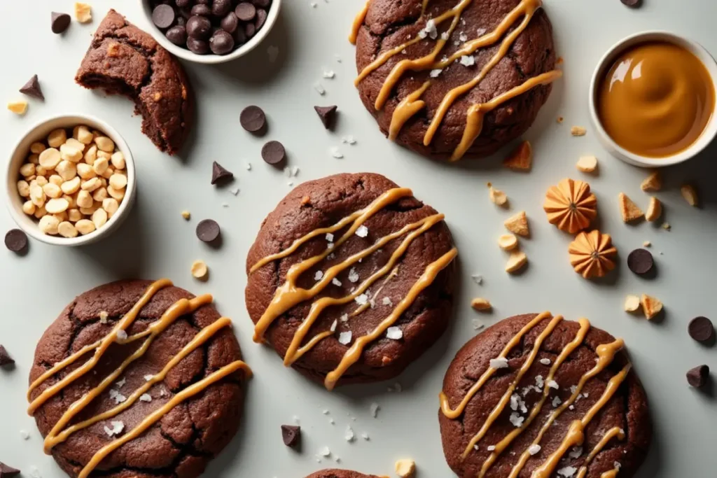 Overhead shot of brownie mix cookies drizzled with caramel, sprinkled with salt, and surrounded by ingredients.