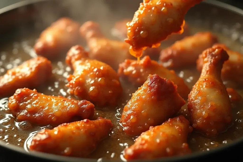 Chicken wings frying in hot oil with a sauce