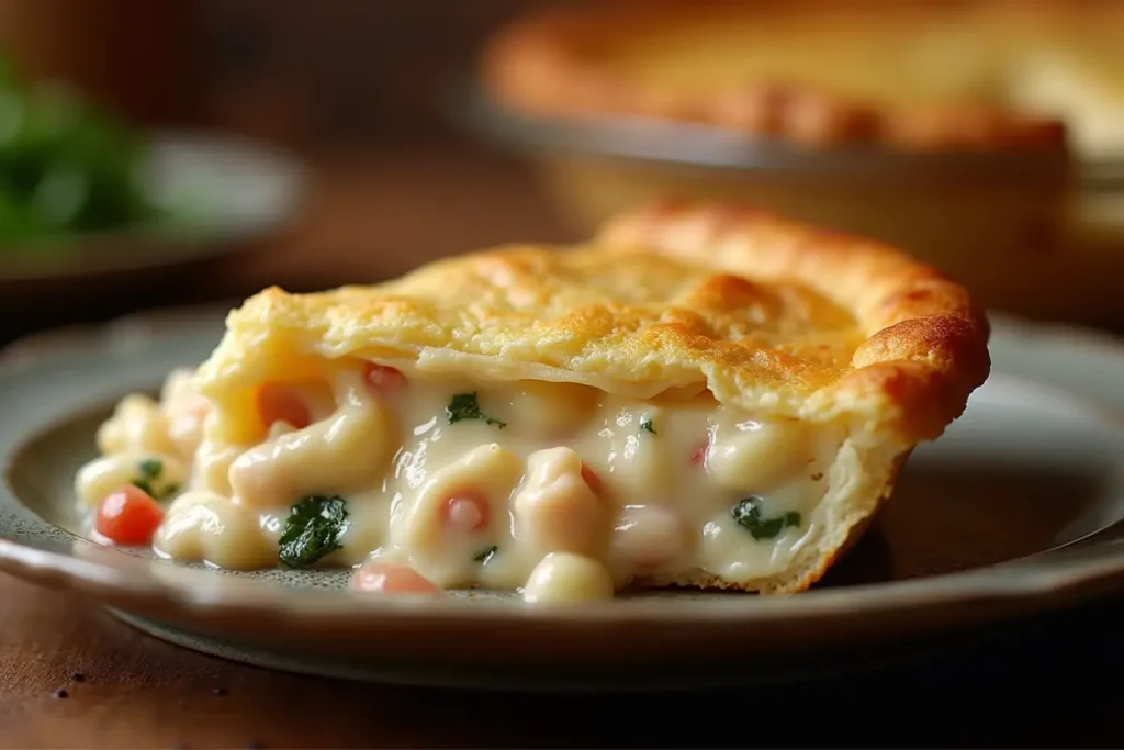 Close-up shot of a slice of easy chicken pot pie with creamy filling and golden crust on a plate.