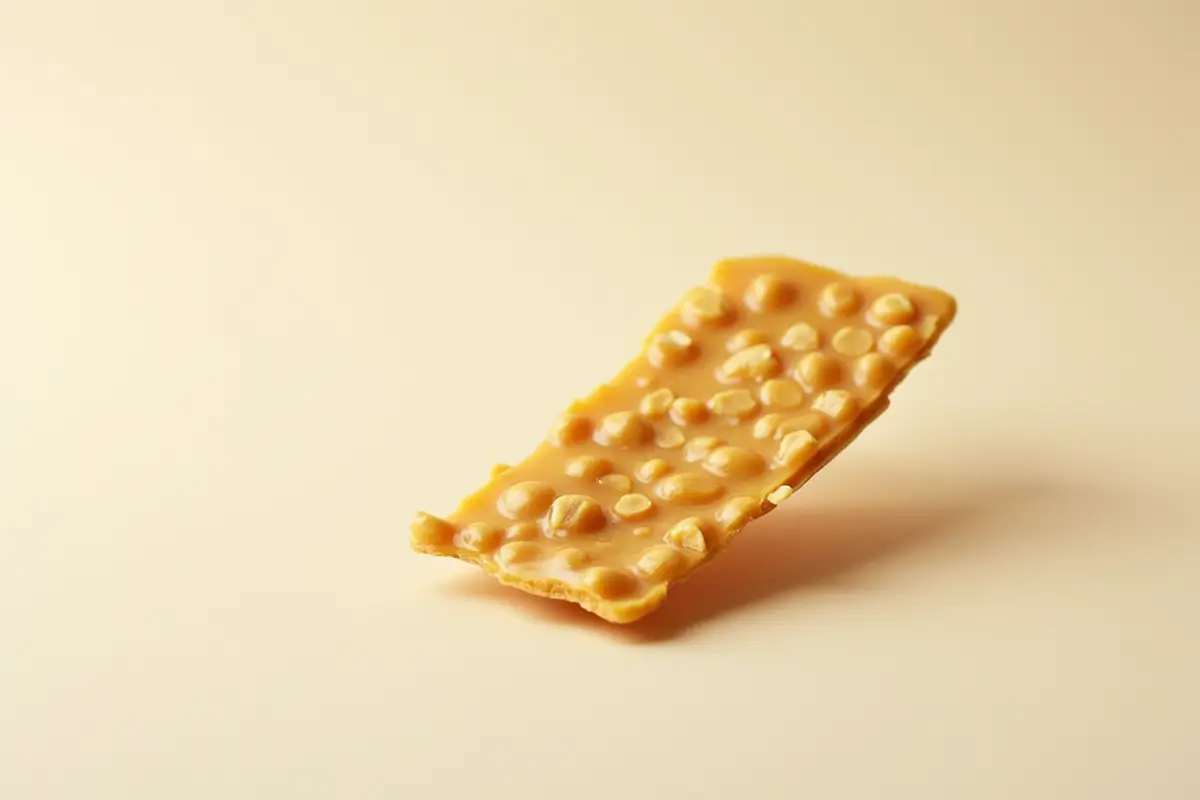 Single piece of golden peanut brittle on a light background.