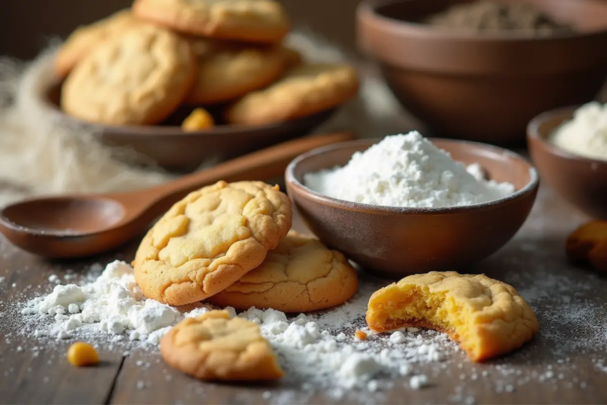 Close-up of freshly baked cookies with bowls of cornstarch, brown sugar, and flour, illustrating the key ingredients for soft cookies.