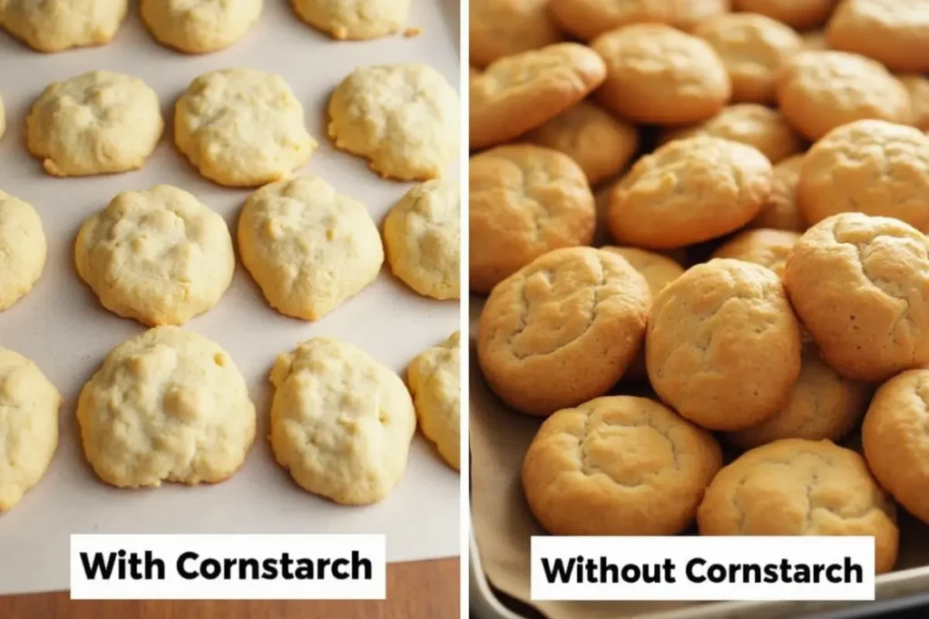 Side-by-side comparison of cookies baked with cornstarch and cookies baked without cornstarch, demonstrating the difference in texture and appearance.