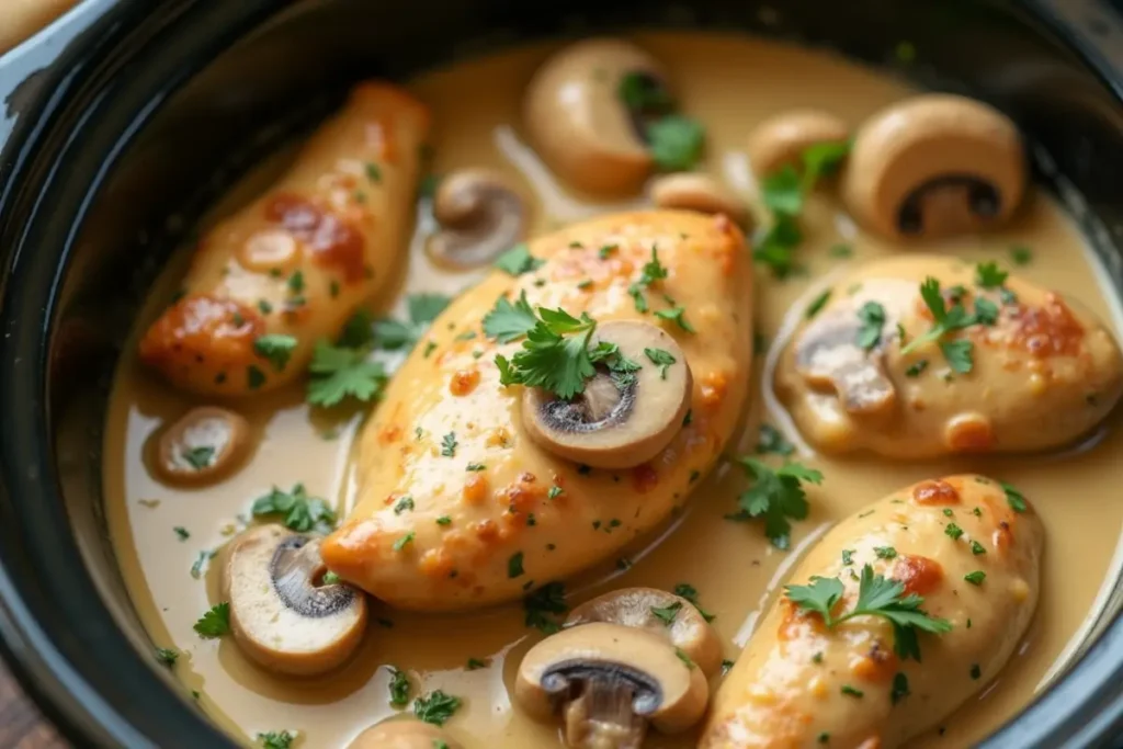 Cream of Mushroom Chicken in Crockpot, garnished with parsley.