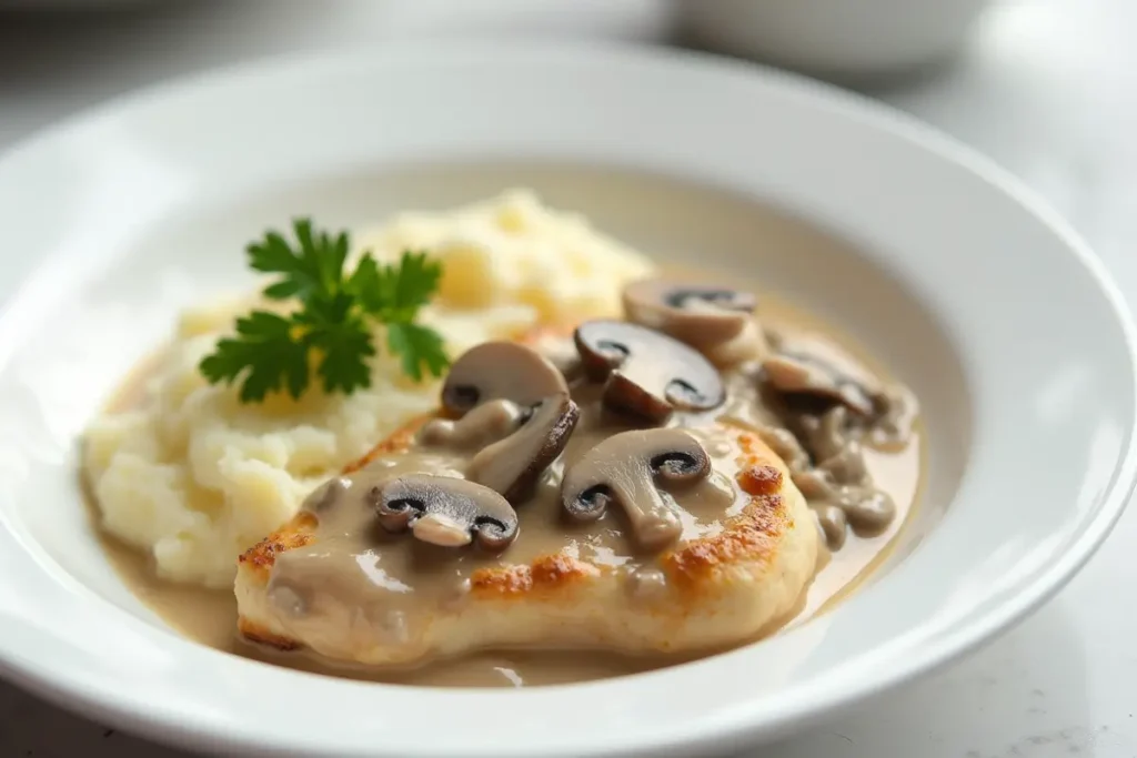 Cream of Mushroom Chicken plated with mashed potatoes.