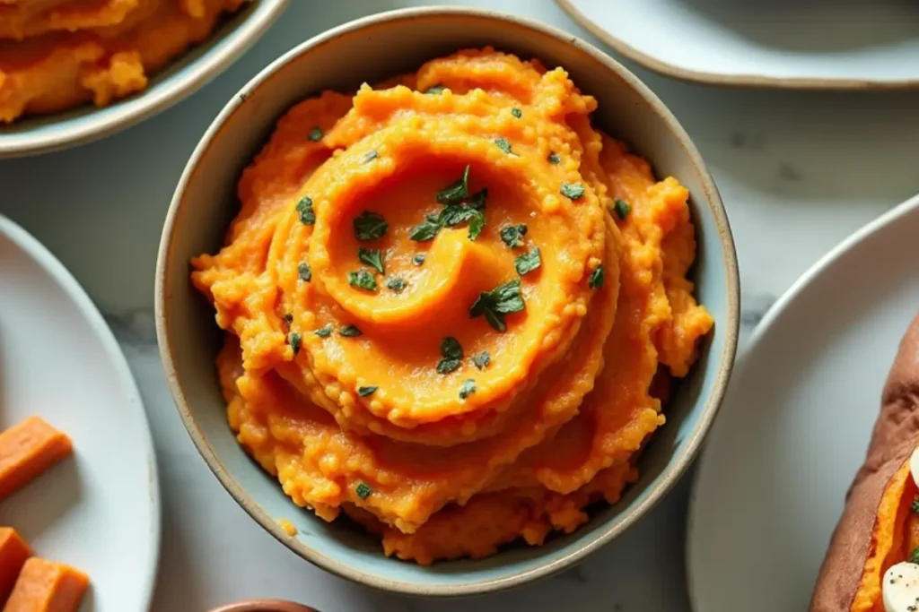 Top-down close-up of mashed sweet potatoes in a blue bowl, garnished with fresh herbs.